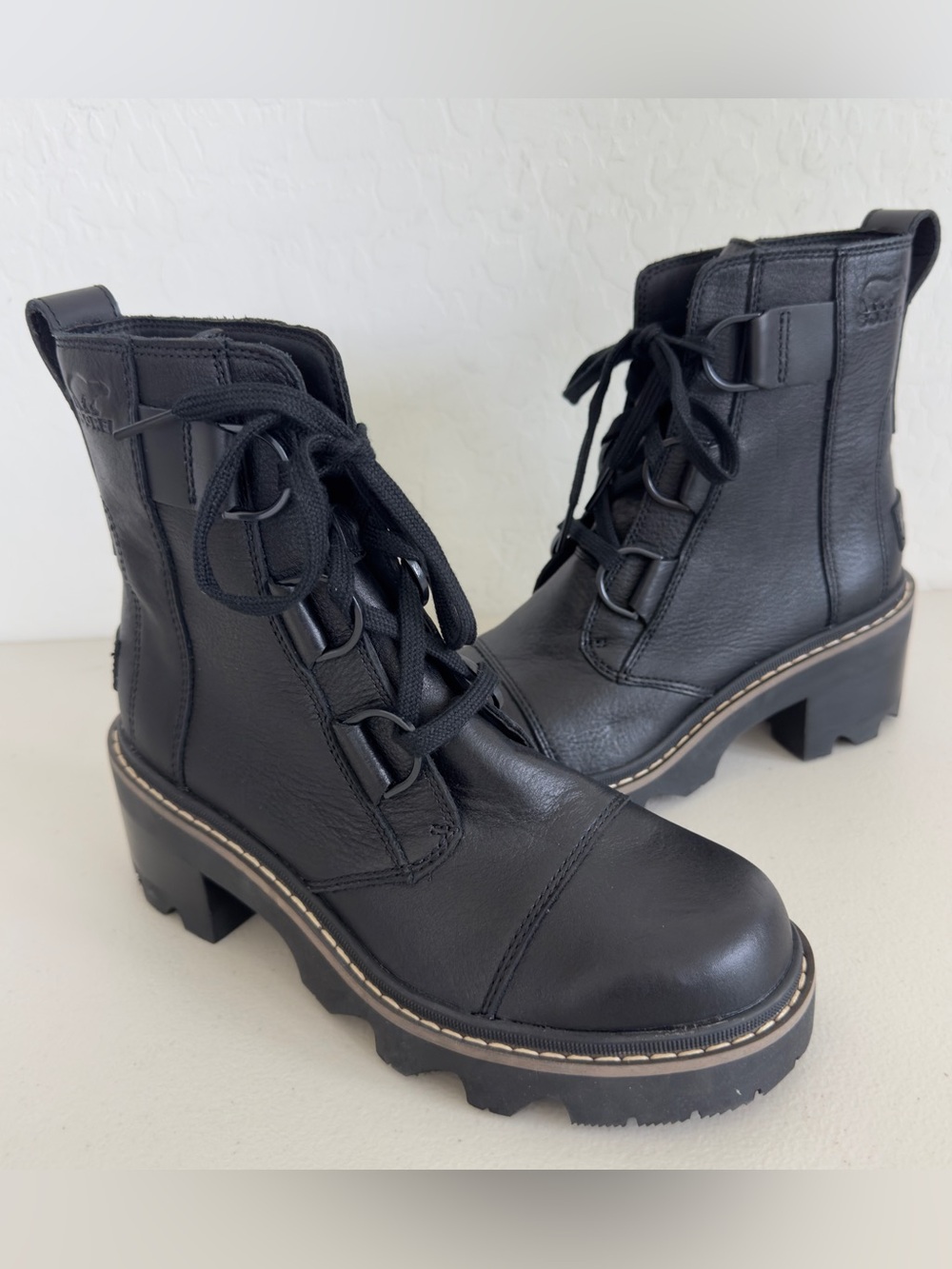 NEW Joan Now Black Leather Waterproof Lug Sole  Ankle Boot